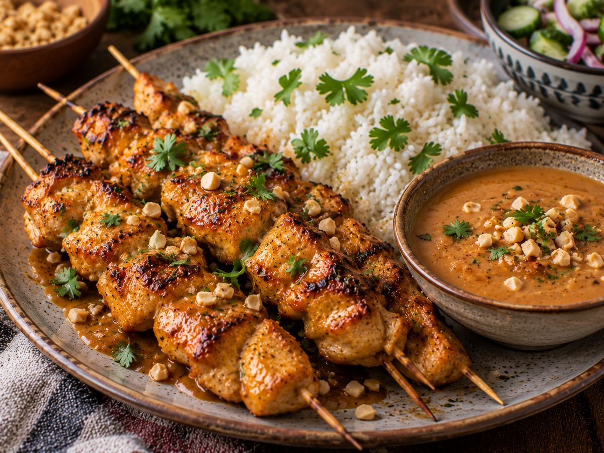 Chicken satay with rice
