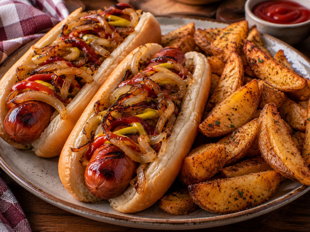 Hot dogs with fried onions & wedges