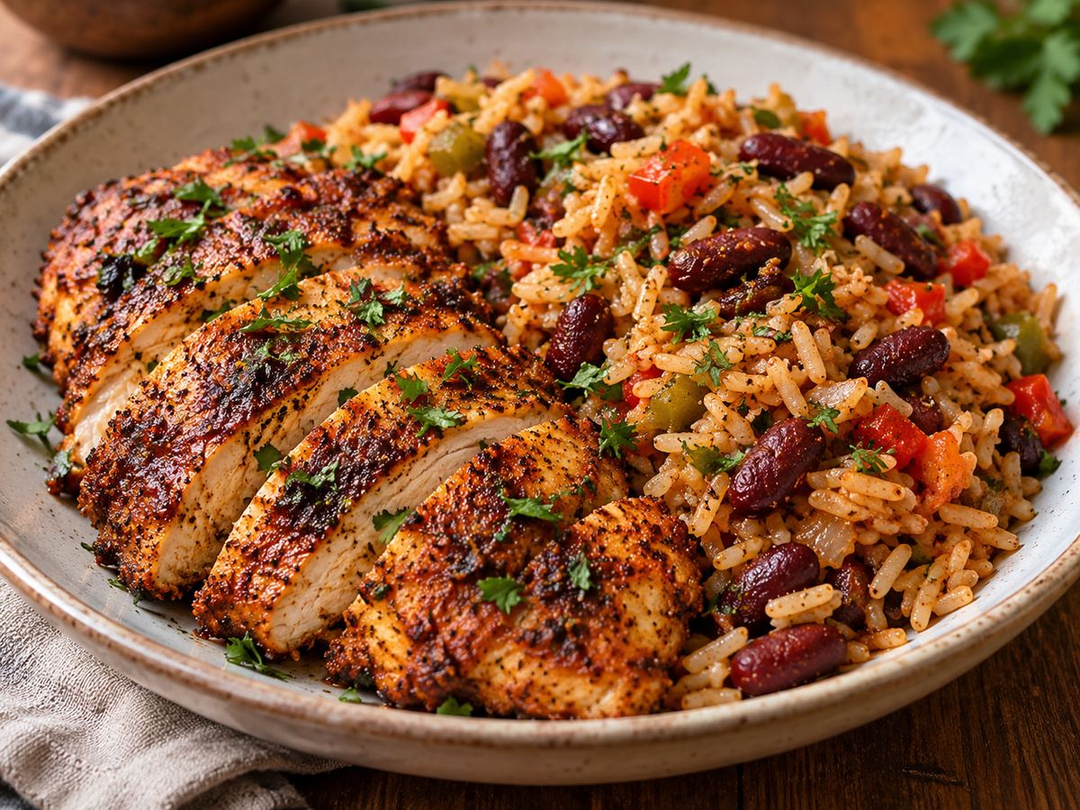 Cajun-spiced chicken with rice & beans