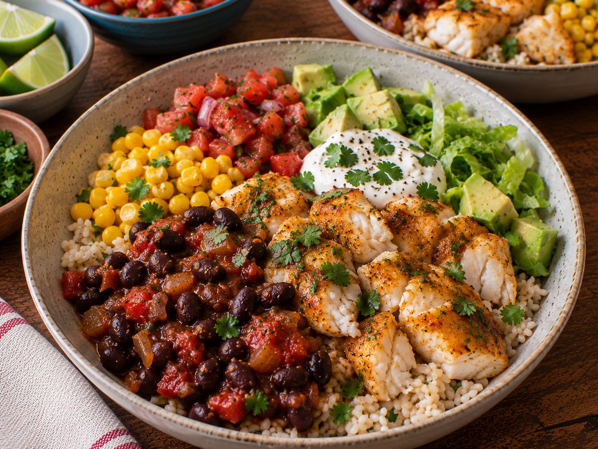 Fish & black bean burrito bowls