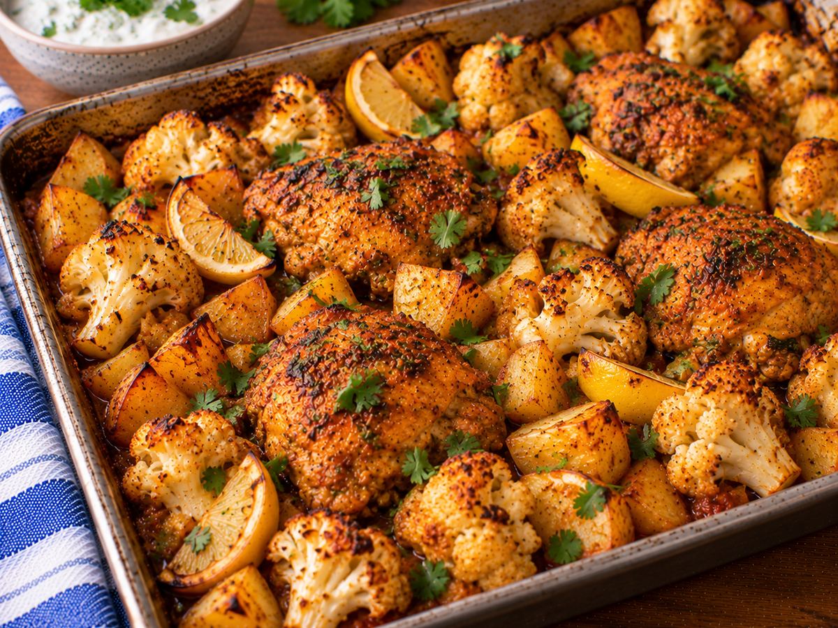 Chicken tikka-style traybake