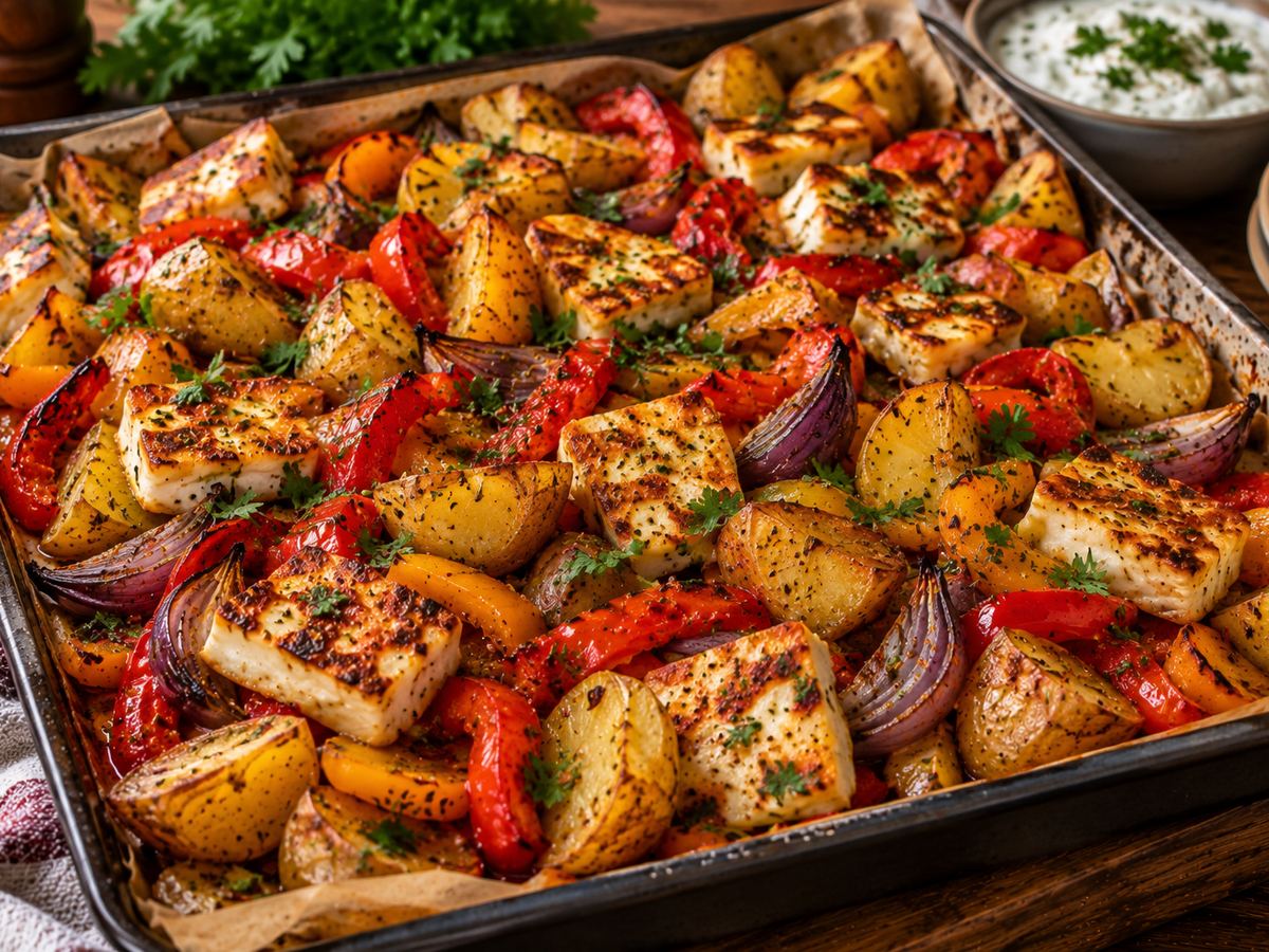 Halloumi, pepper & potato traybake