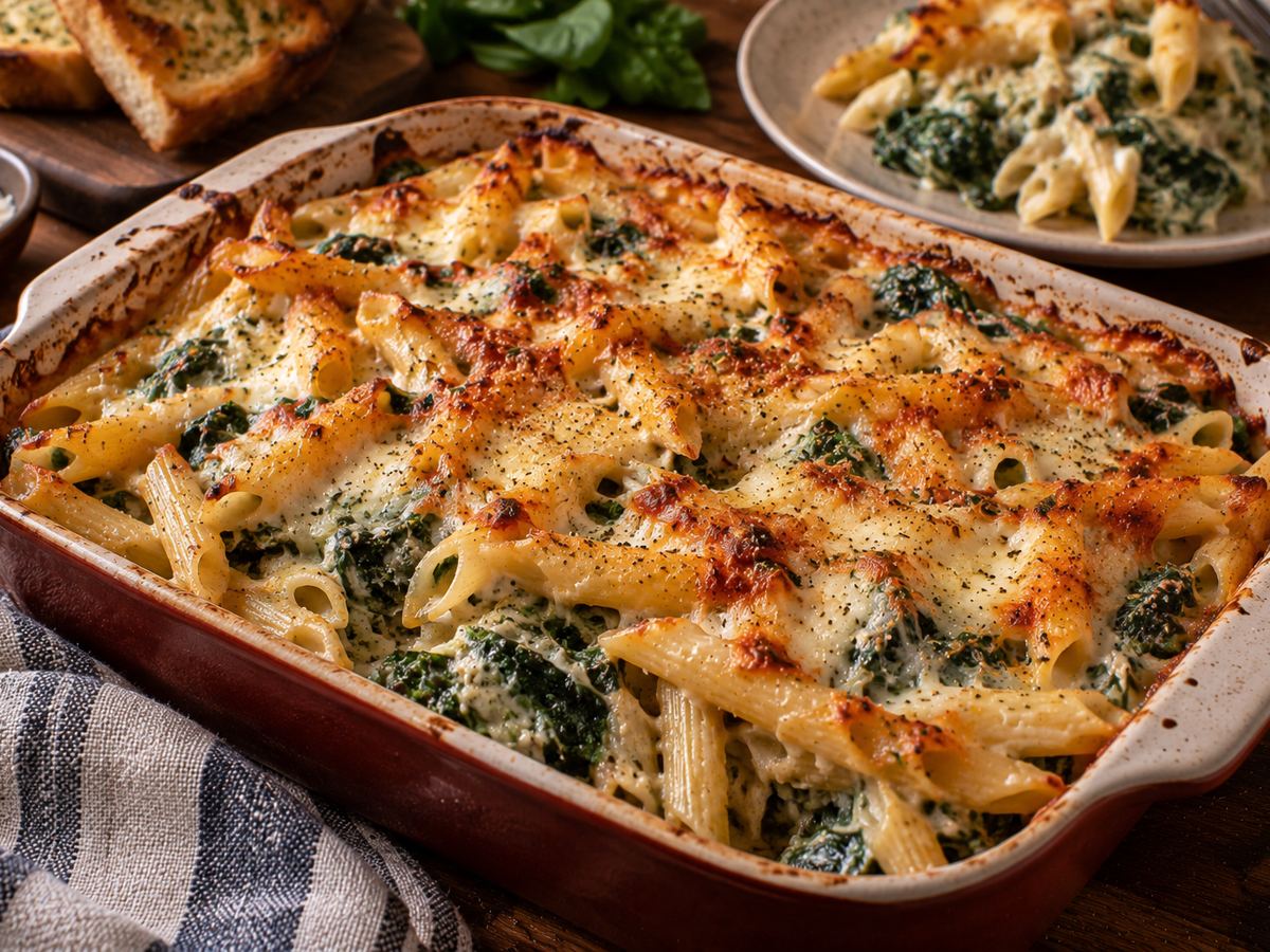 Spinach & soft cheese pasta bake