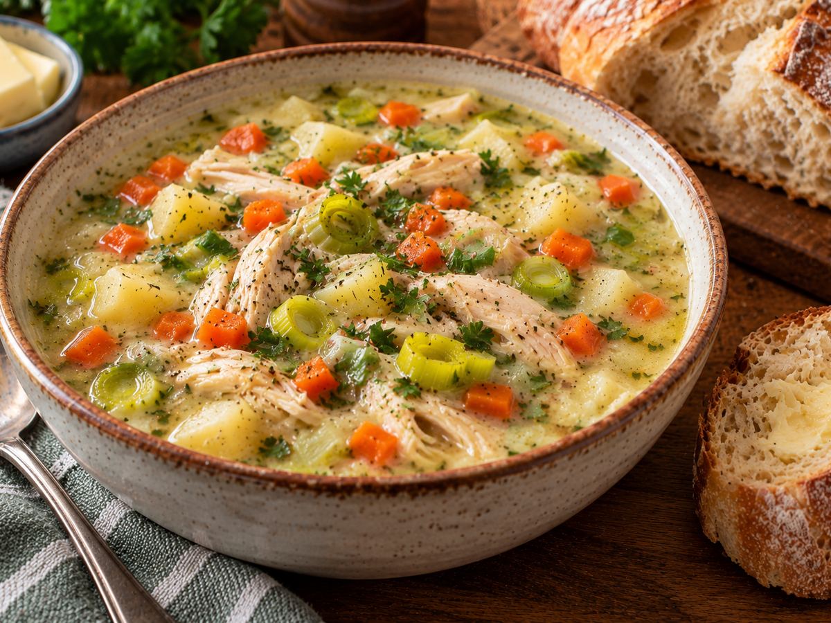Chicken & leek soup with crusty bread