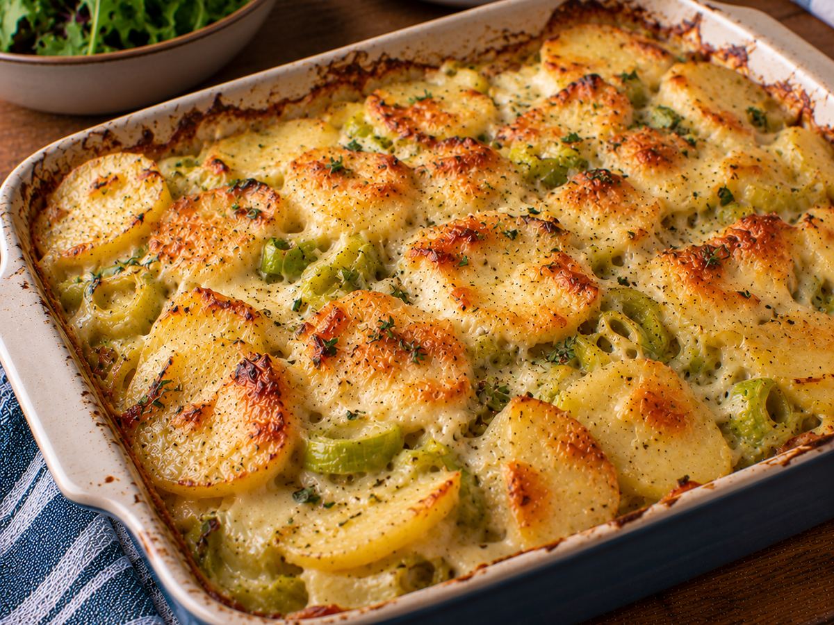 Leek, potato & cheese bake