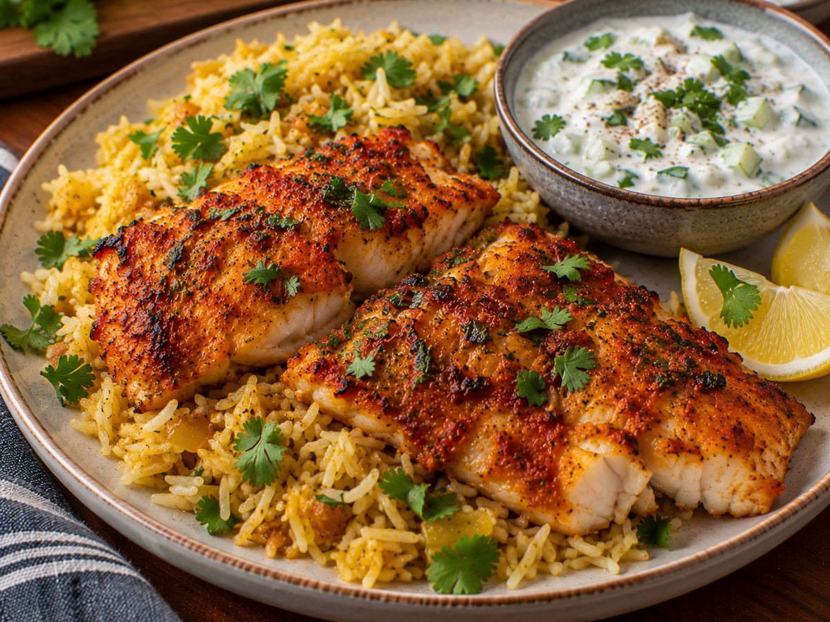 Tandoori-style fish with rice & raita