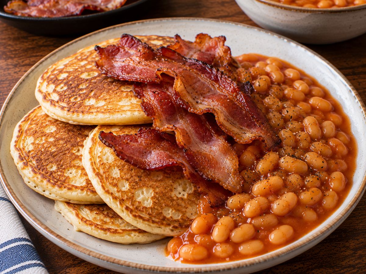 Pancakes with crispy bacon & beans