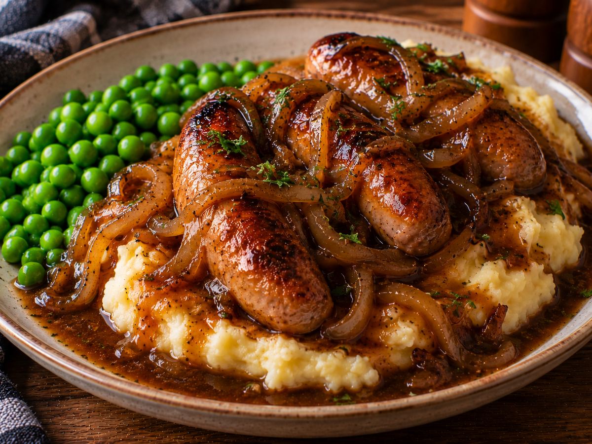 Sausage & mash with onion gravy