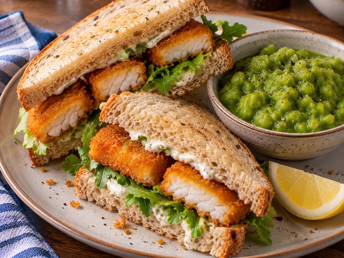 Fish finger sandwiches with mushy peas