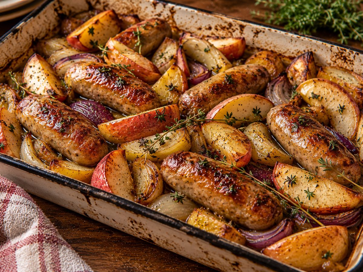 Sausage, apple & onion traybake