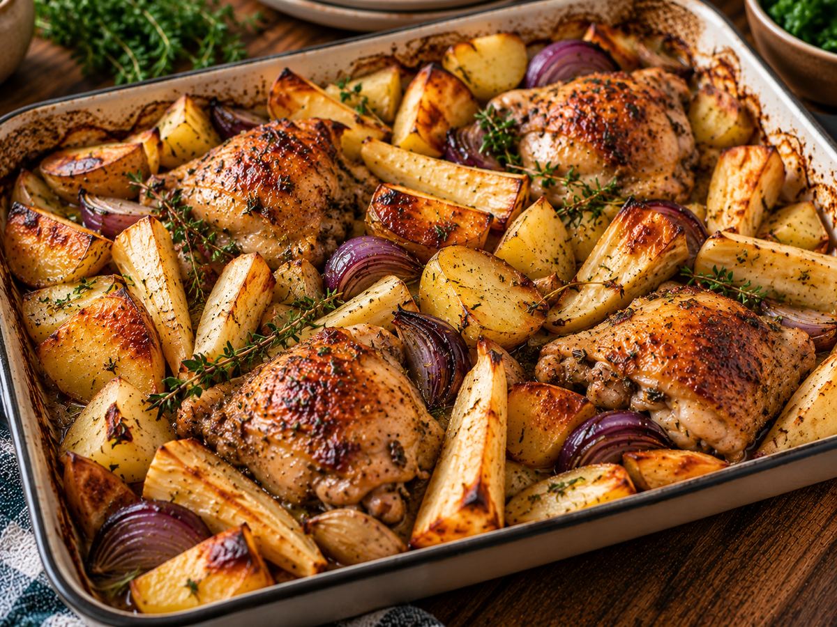 Chicken, parsnip & potato traybake