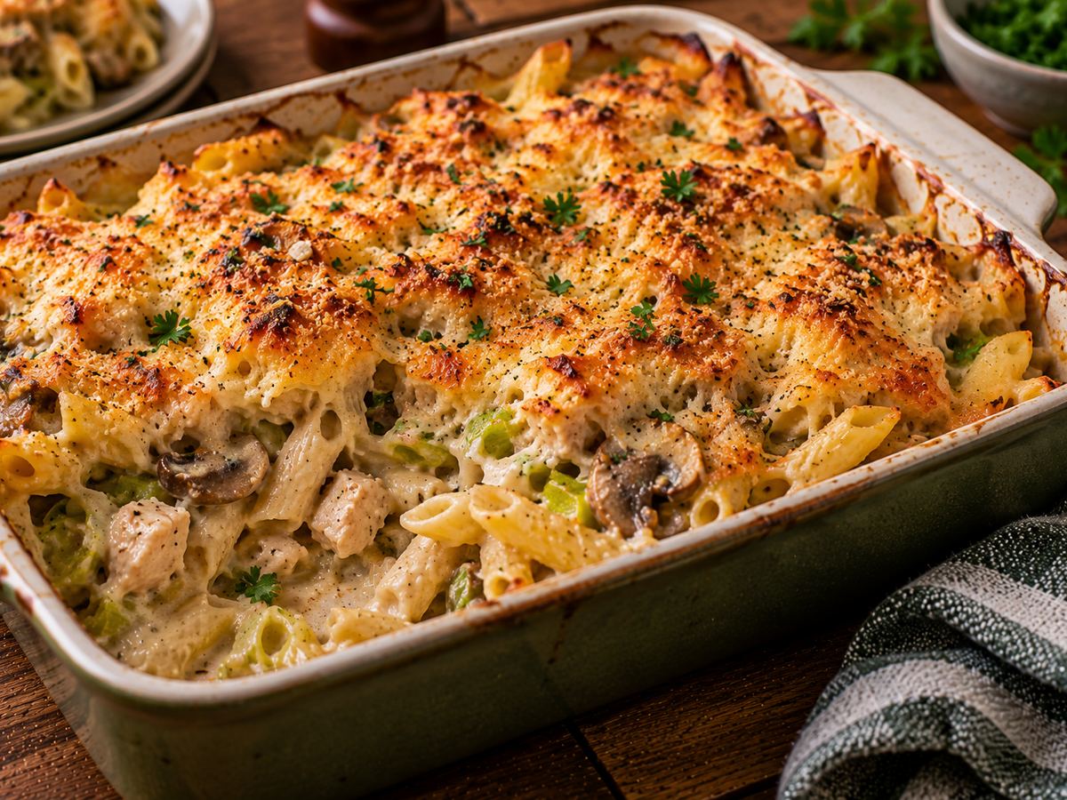 Creamy turkey, leek & mushroom pasta bake