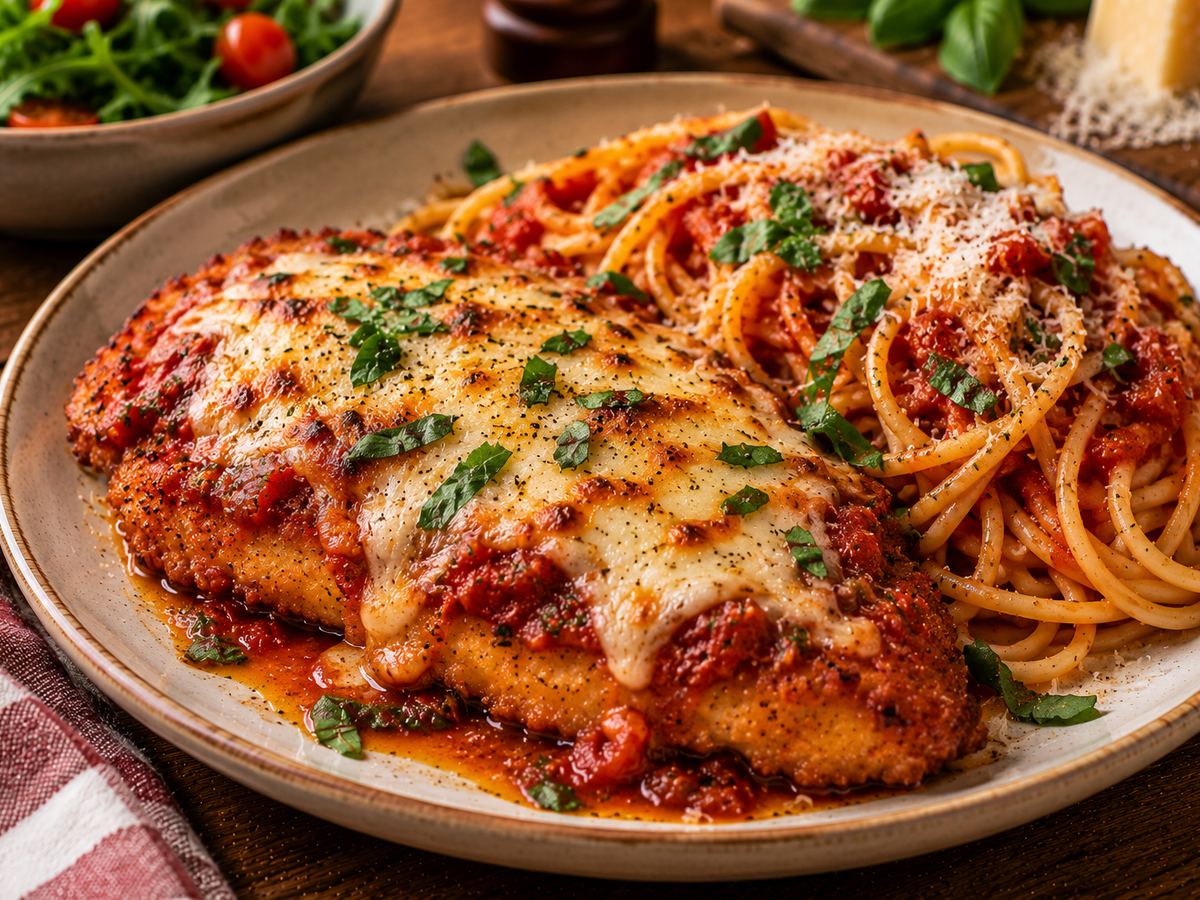 Chicken parmigiana with spaghetti