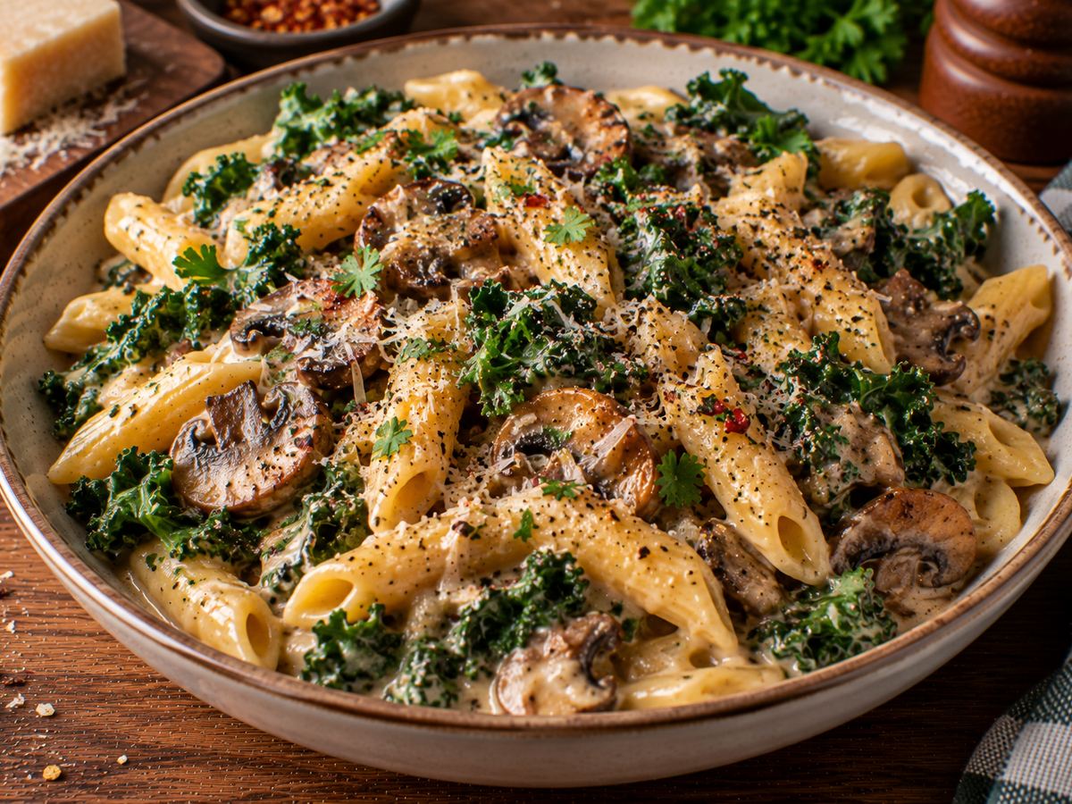 Mushroom & kale creamy pasta