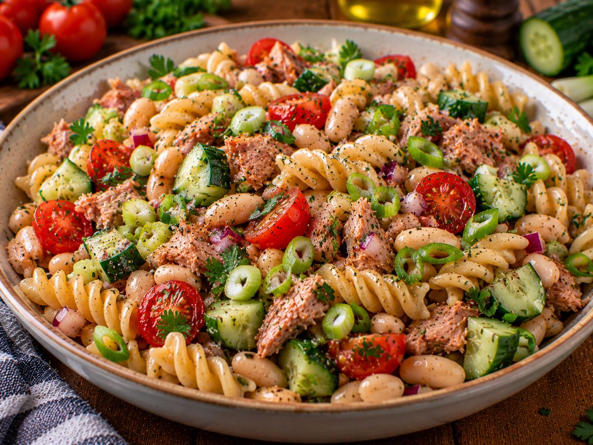 Tuna, bean & tomato pasta salad