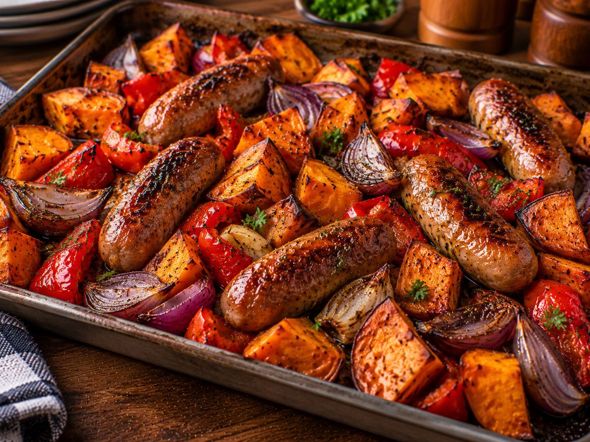 Sausage & sweet potato tray bake