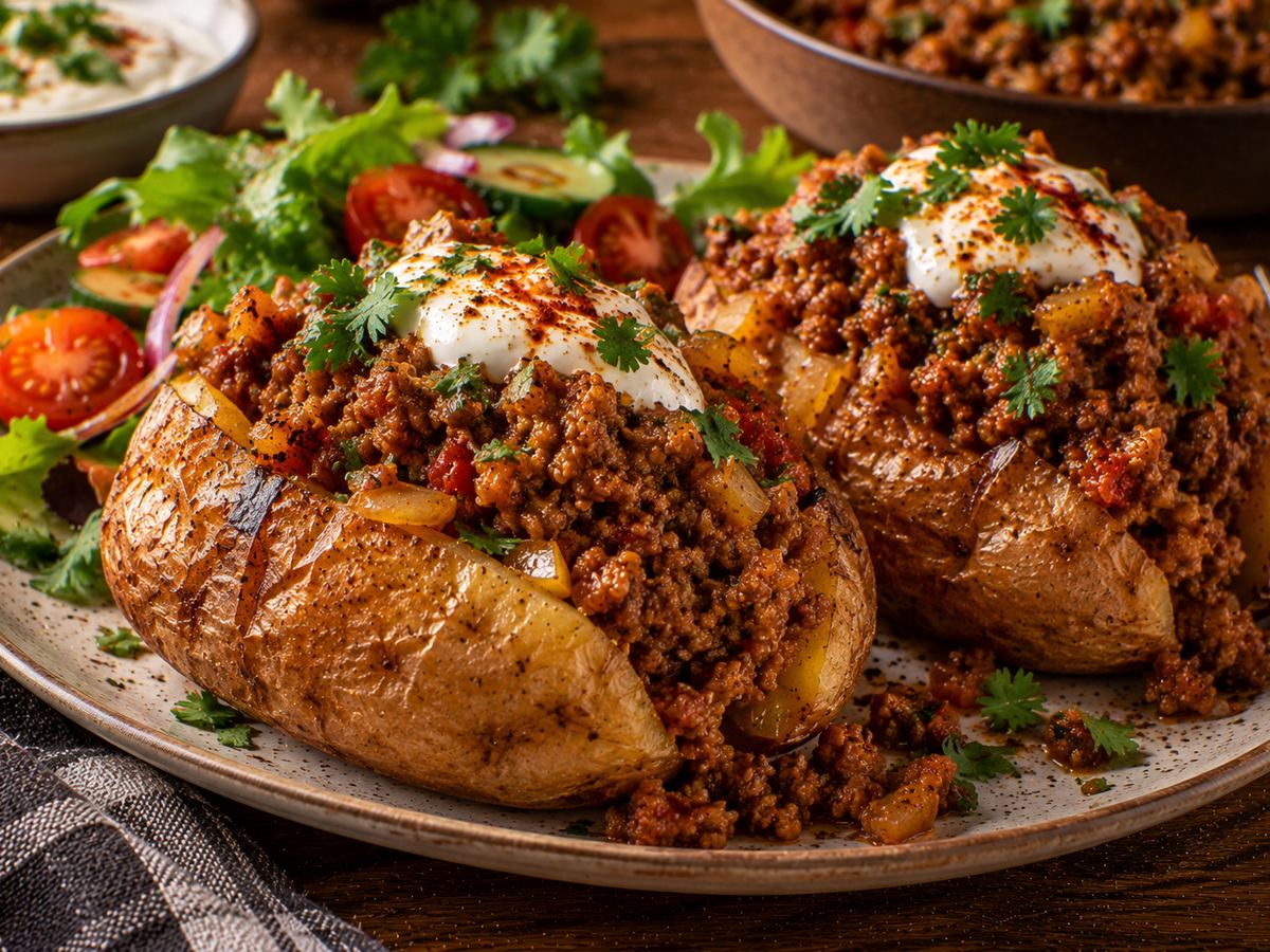 Keema-stuffed jacket potatoes