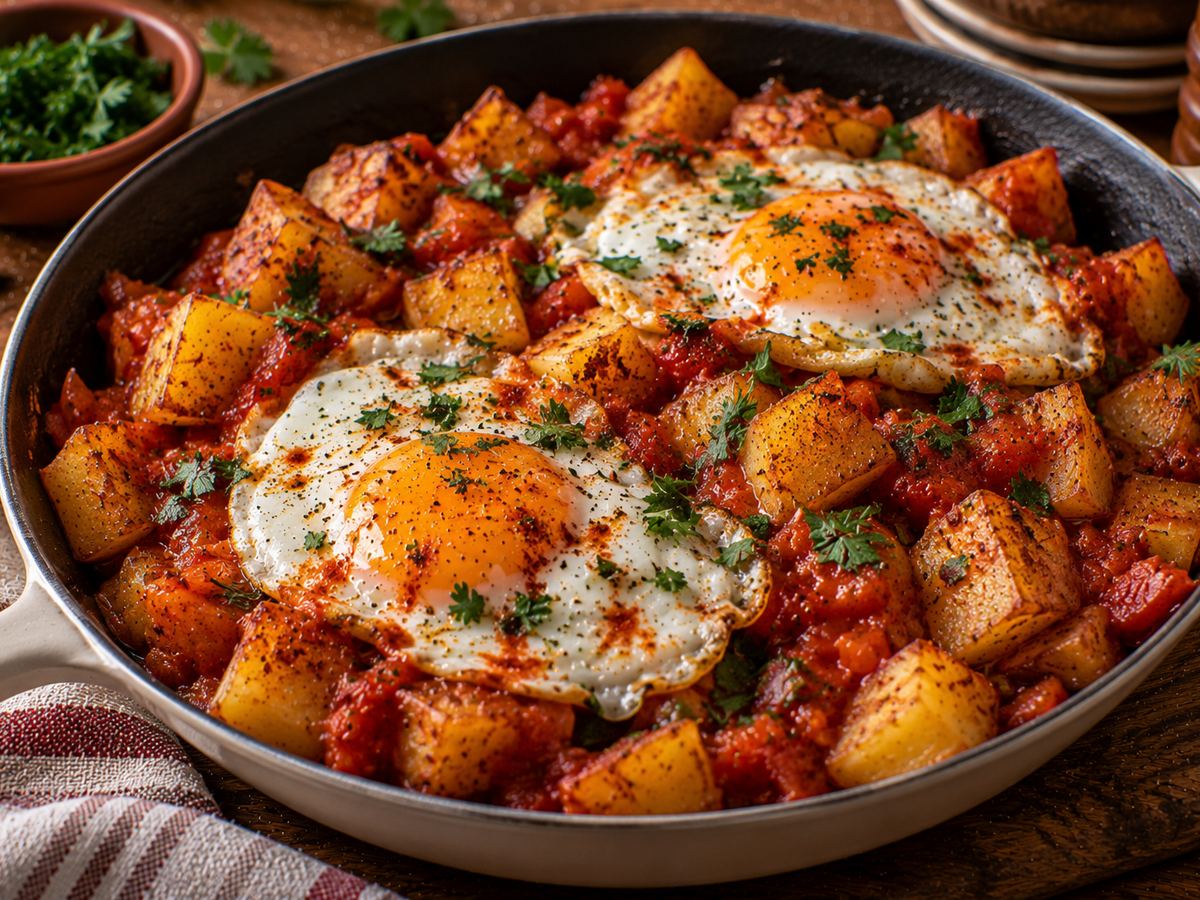 Patatas bravas with fried eggs