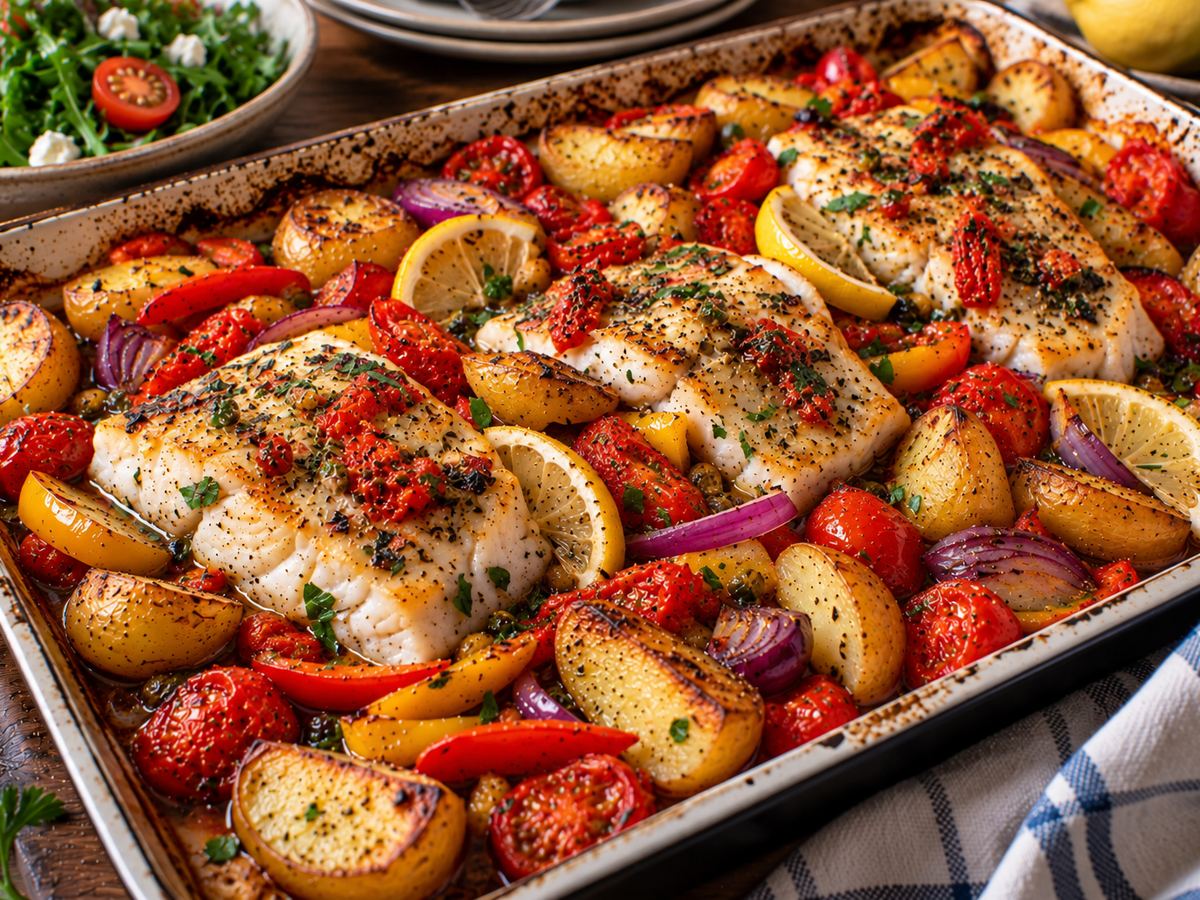 Mediterranean fish & potato traybake
