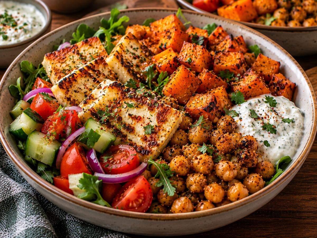 Halloumi, sweet potato & chickpea bowls