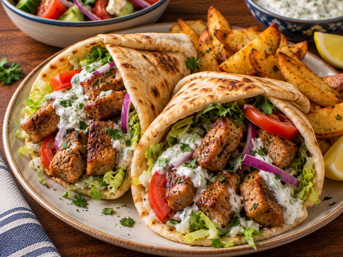 Pork souvlaki pittas