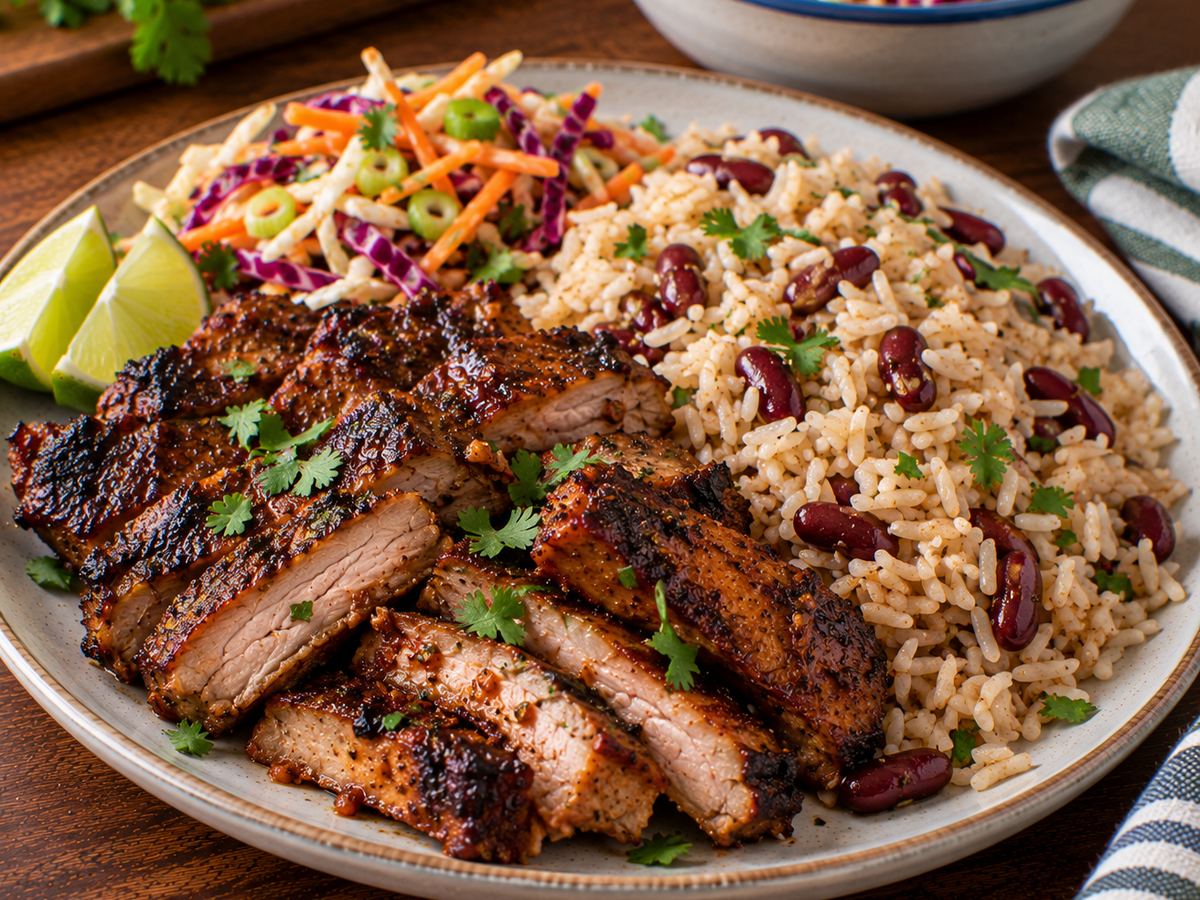Jerk-style pork with rice & peas