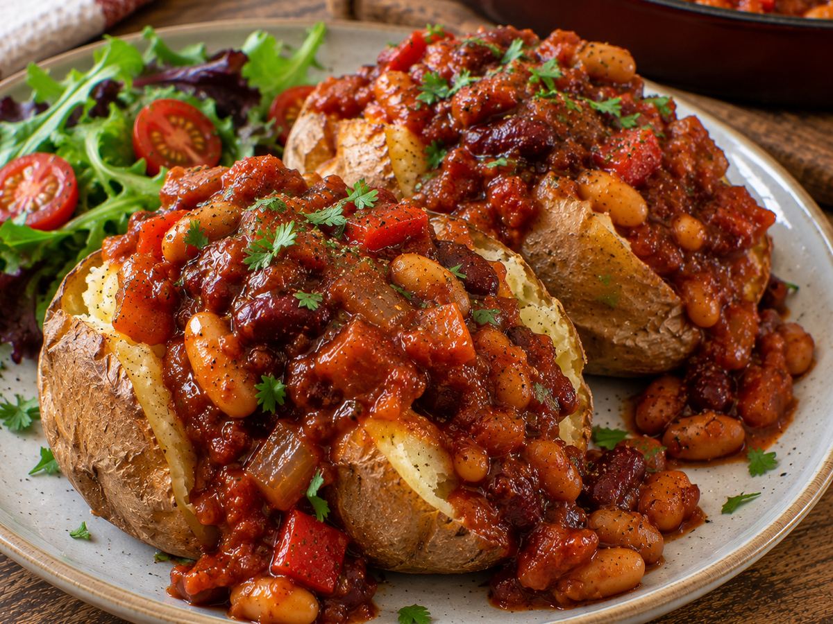 Smoky BBQ beans with jacket potatoes