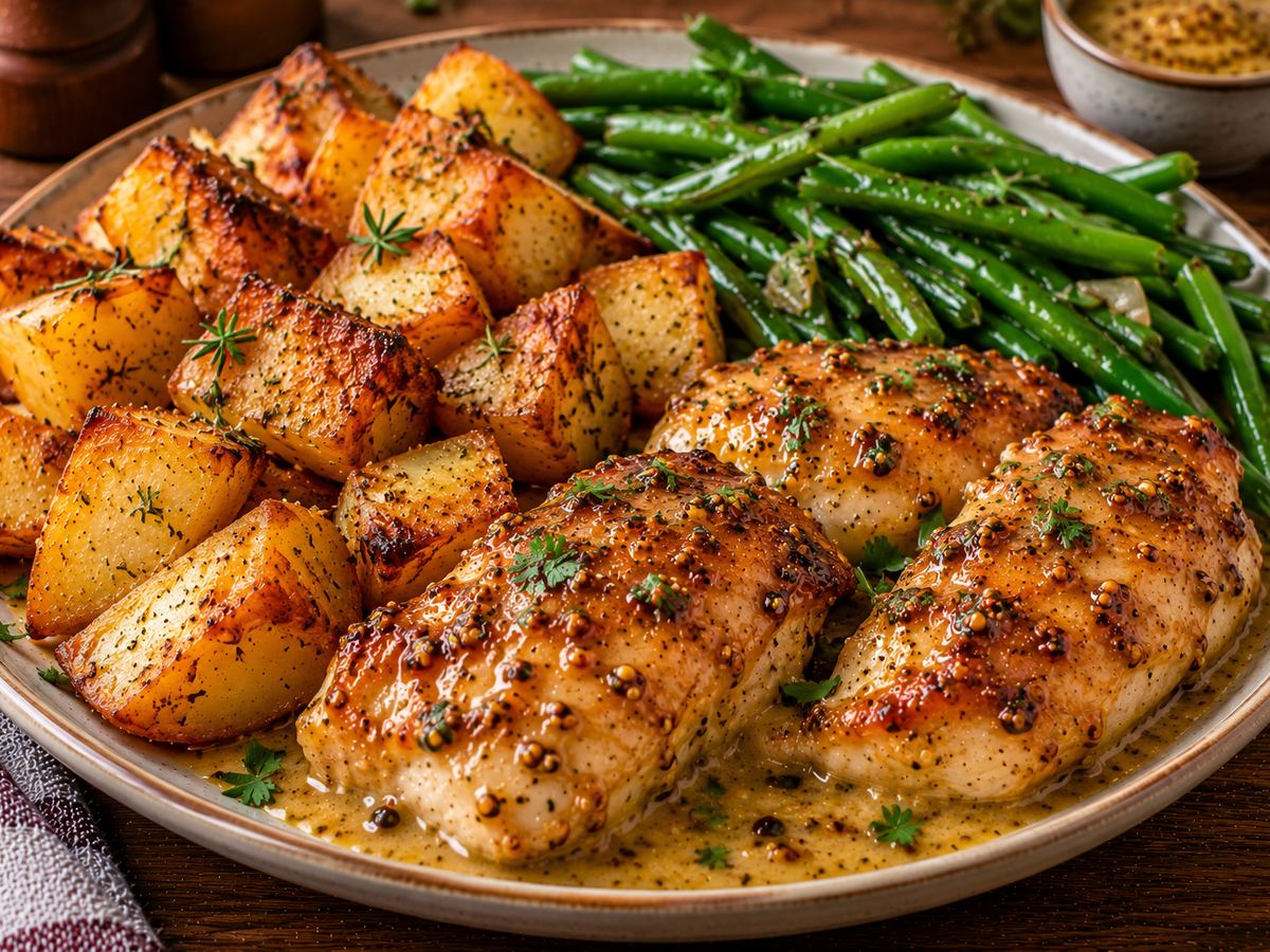 Honey mustard chicken with roast potatoes