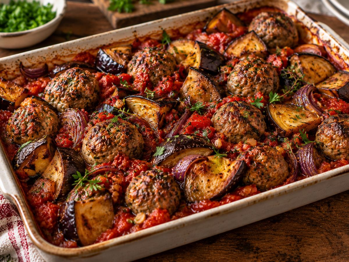Lamb meatball & aubergine traybake