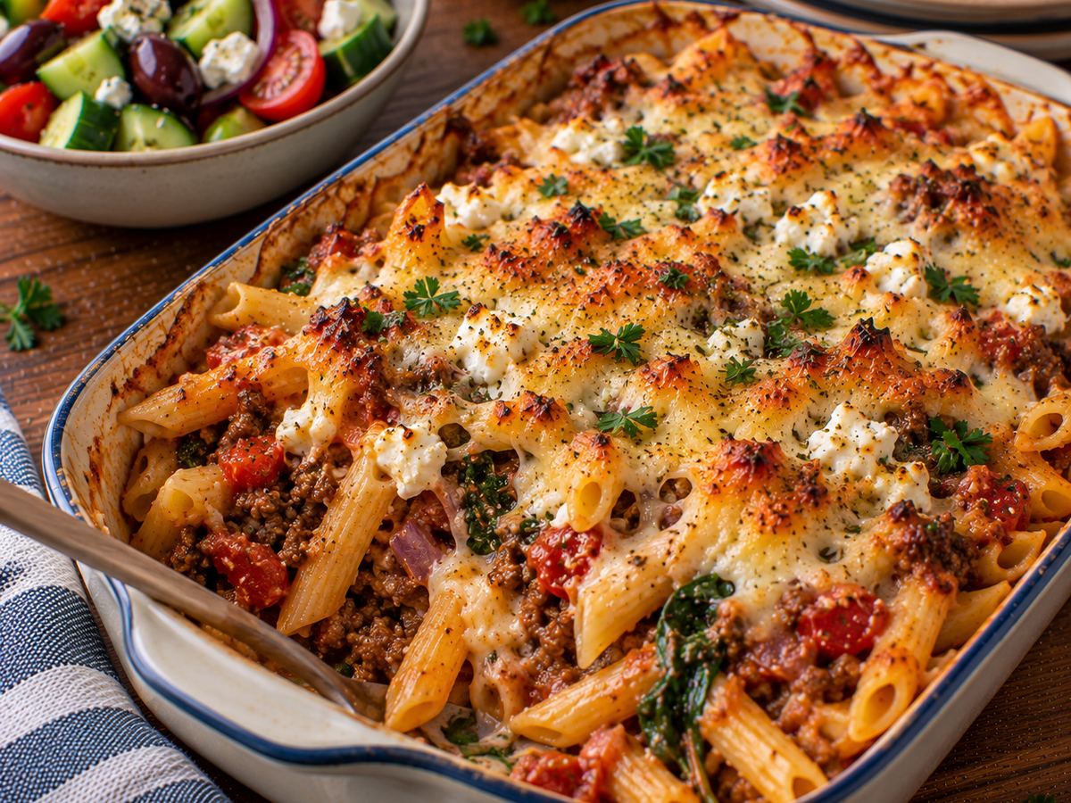 Greek-style lamb pasta bake