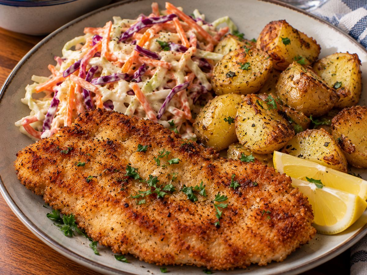 Turkey schnitzel with slaw & potatoes