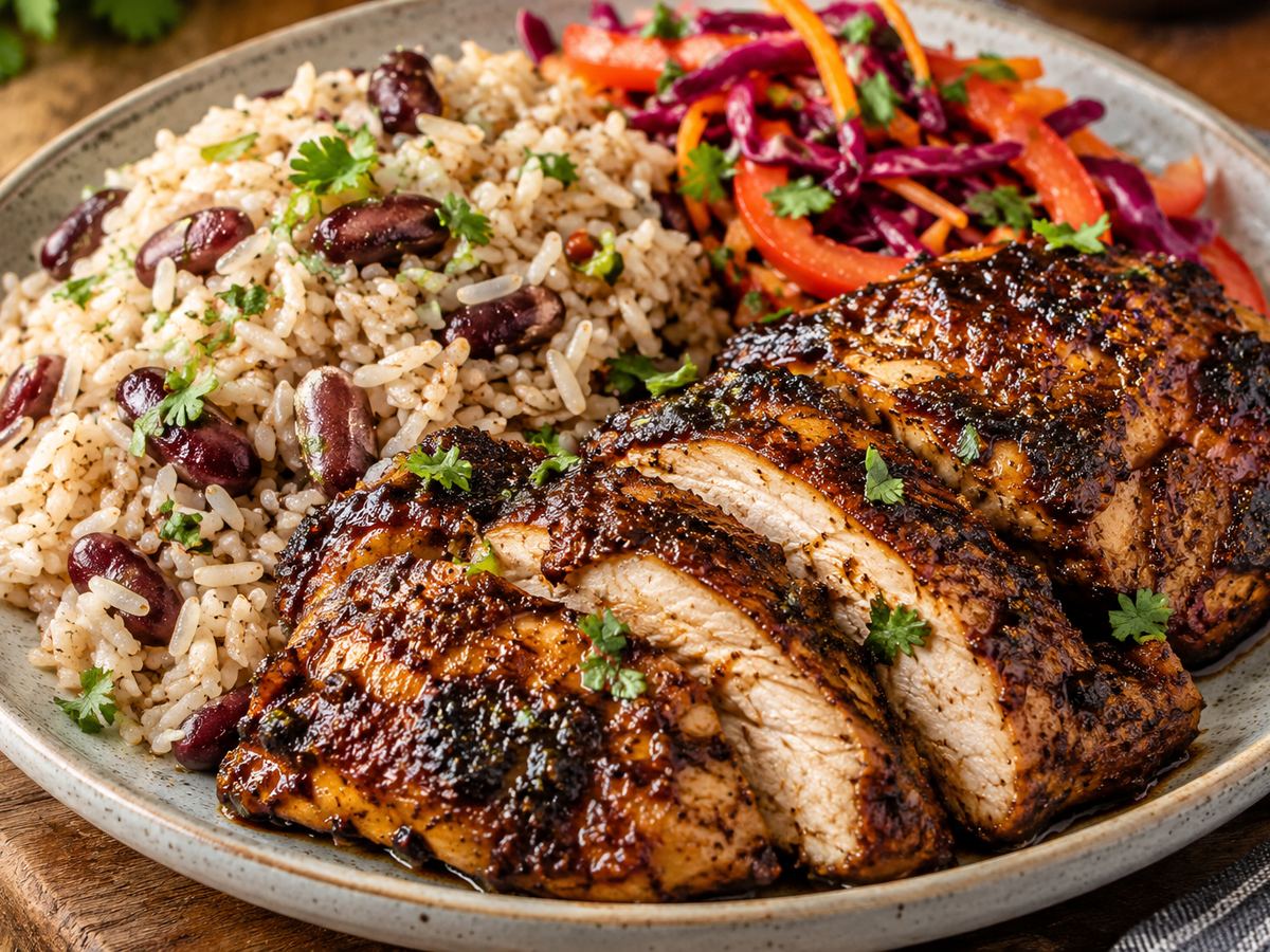 Jerk turkey with rice & peas