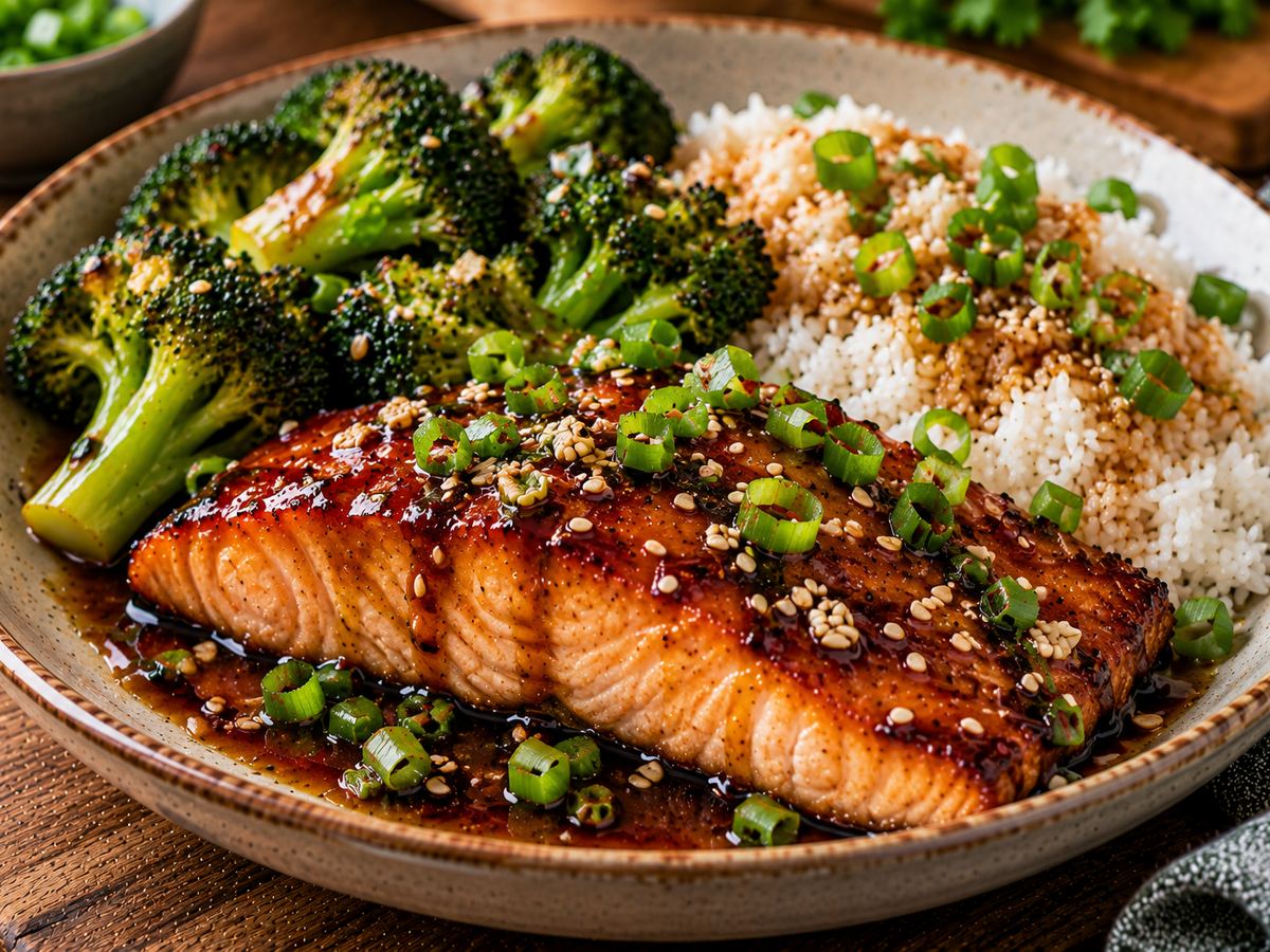 Salmon teriyaki with rice & broccoli
