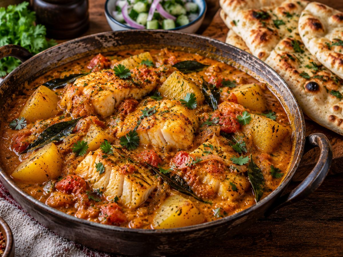 Kerala-style fish & potato curry with naan