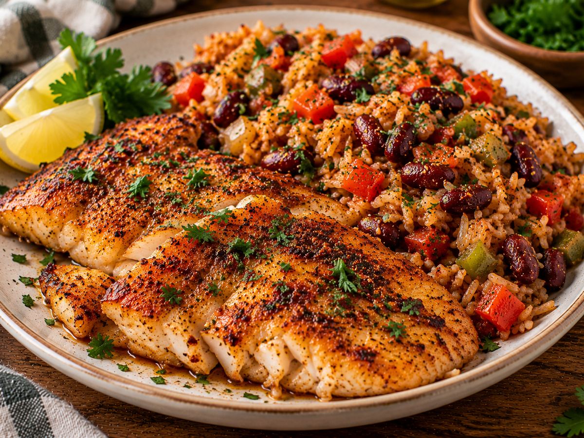 Cajun fish with rice & beans