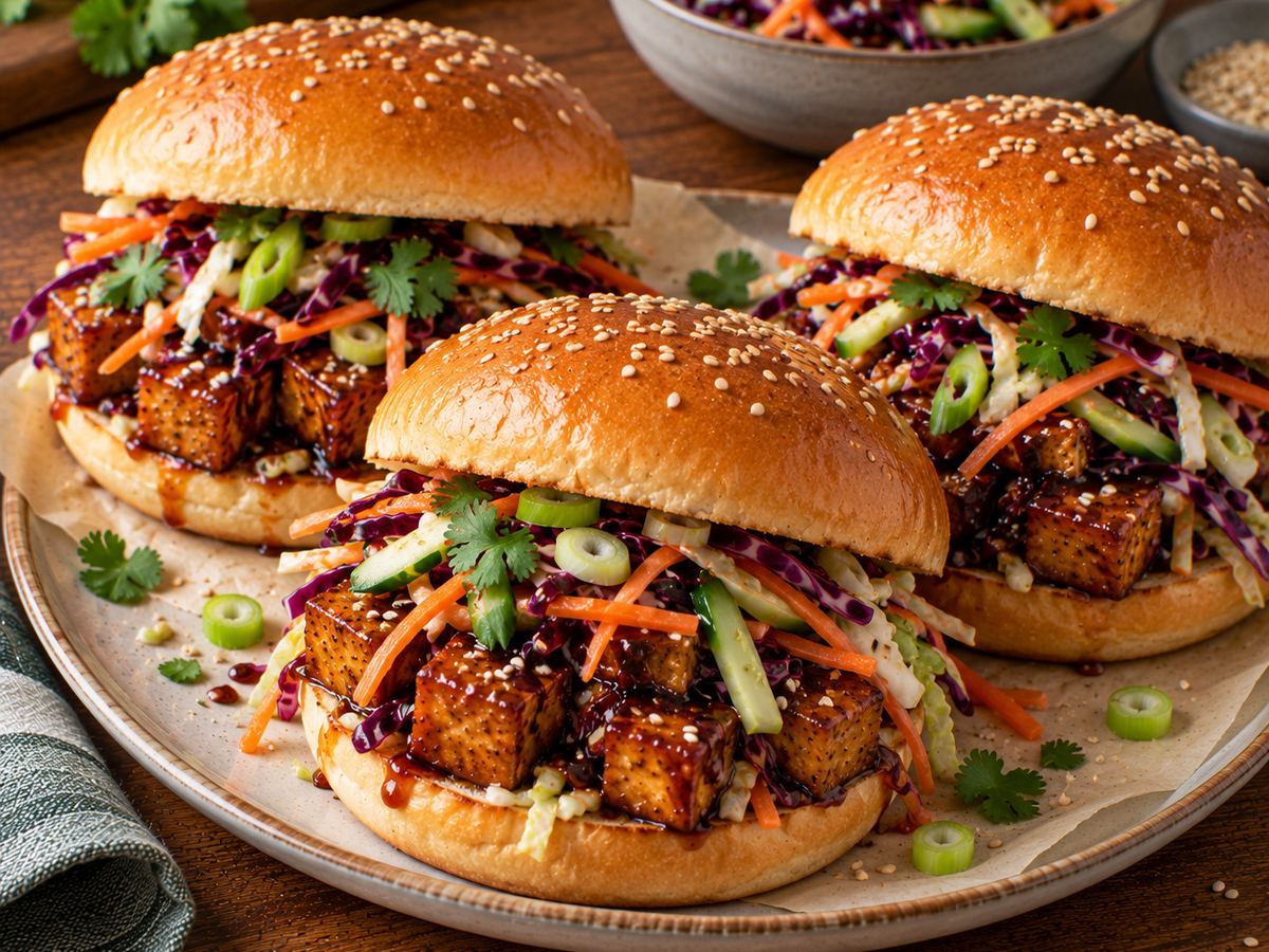 Sticky tofu buns with crunchy veg