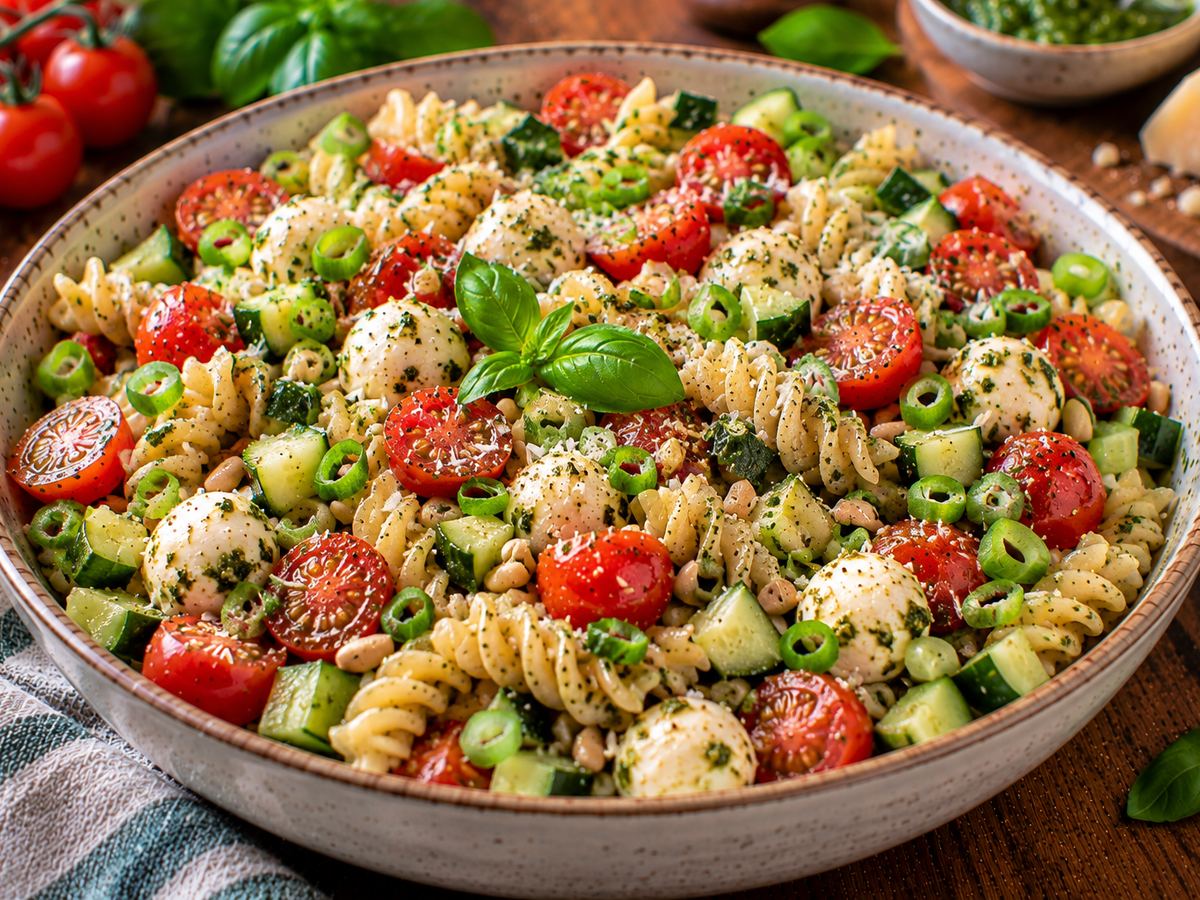 Tomato, mozzarella & pesto pasta salad