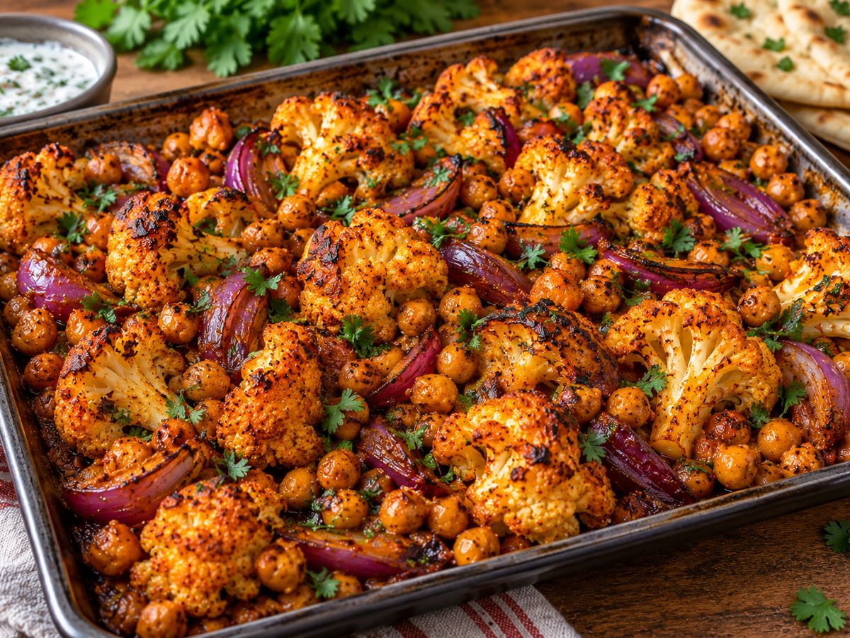 Cauliflower & chickpea tikka traybake