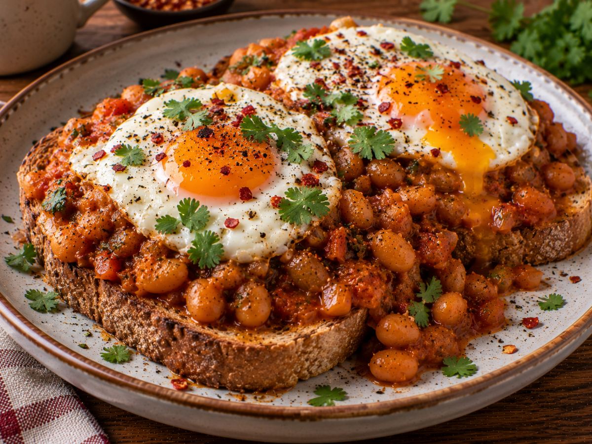 Masala beans on toast with eggs