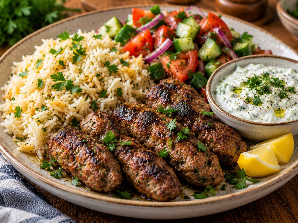 Beef kofta with tzatziki & rice