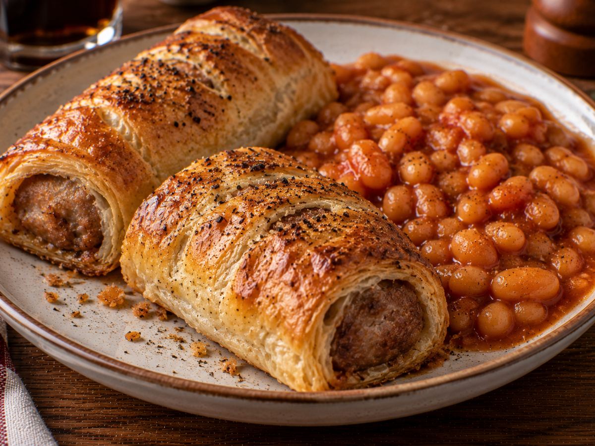 Homemade sausage rolls with beans