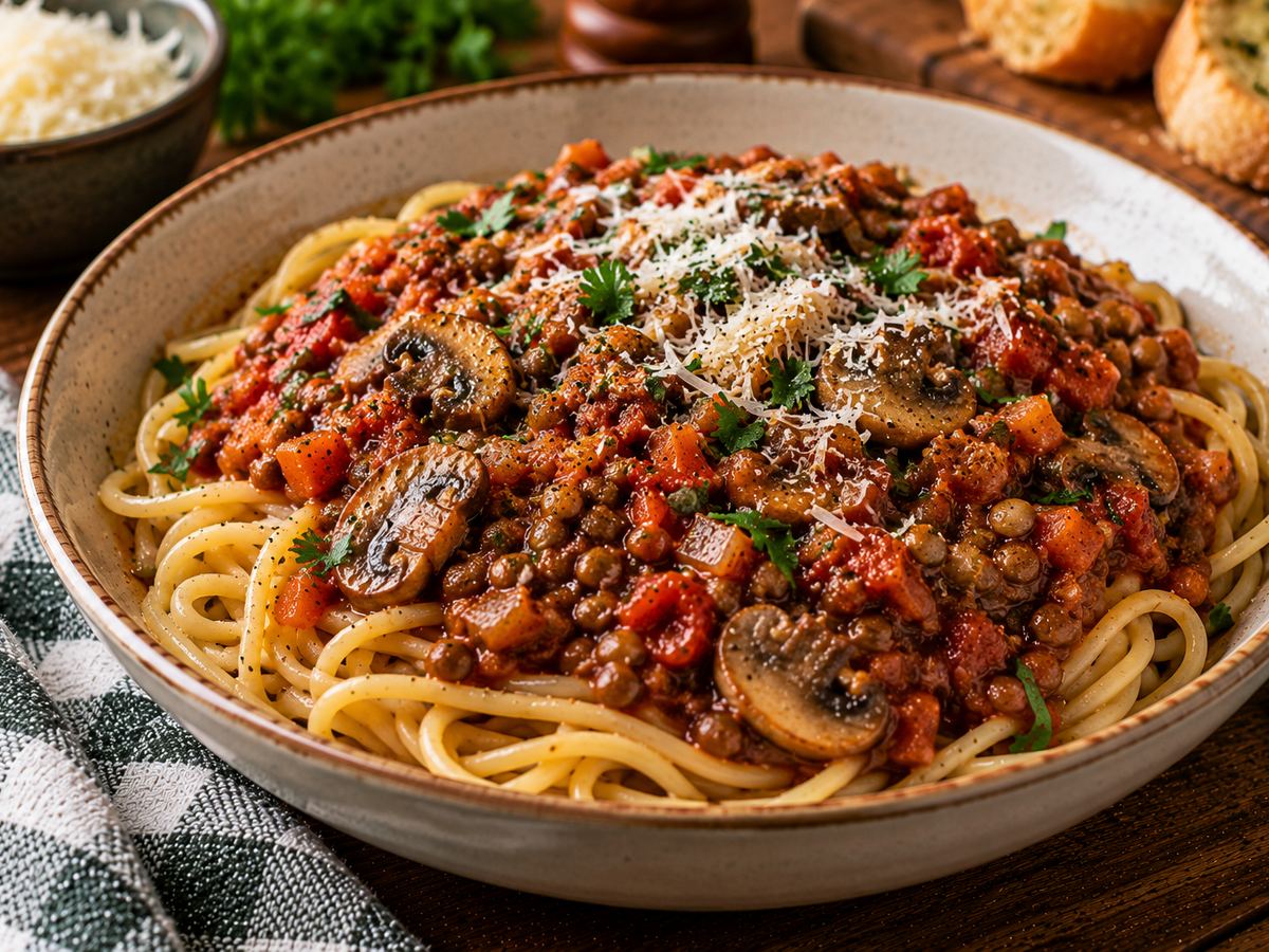 Lentil & mushroom bolognese