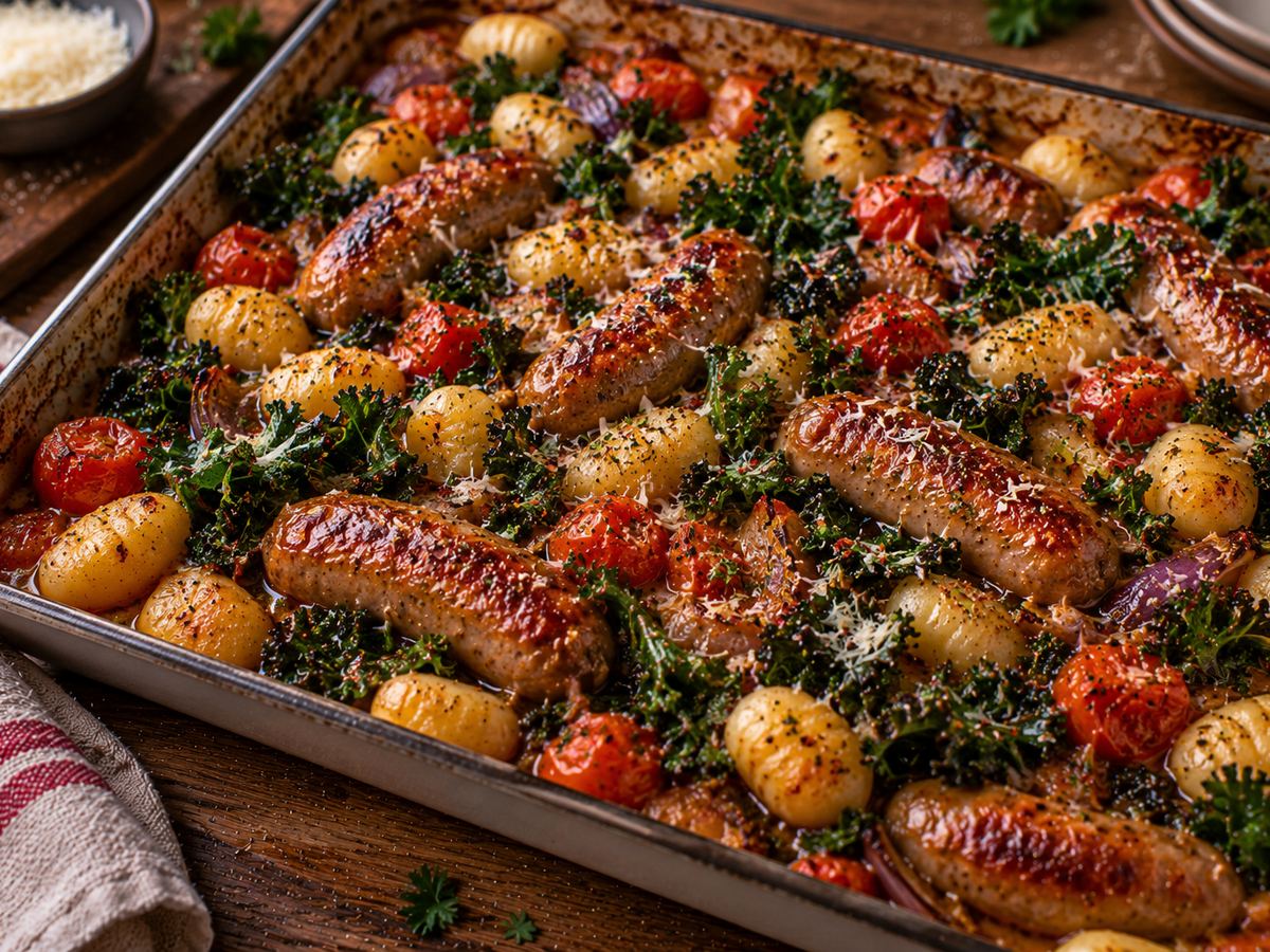 Sausage, kale & gnocchi traybake