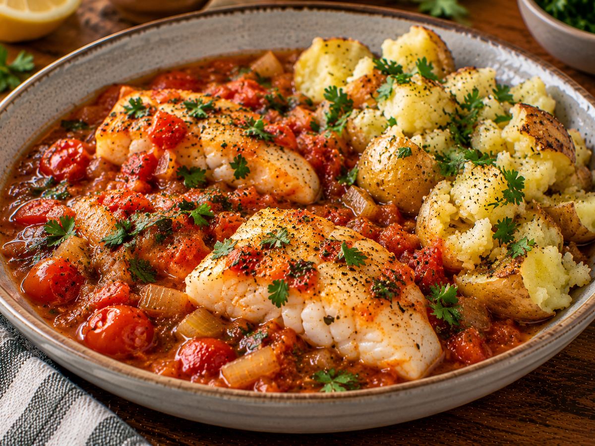 Fish in tomato broth with crushed potatoes
