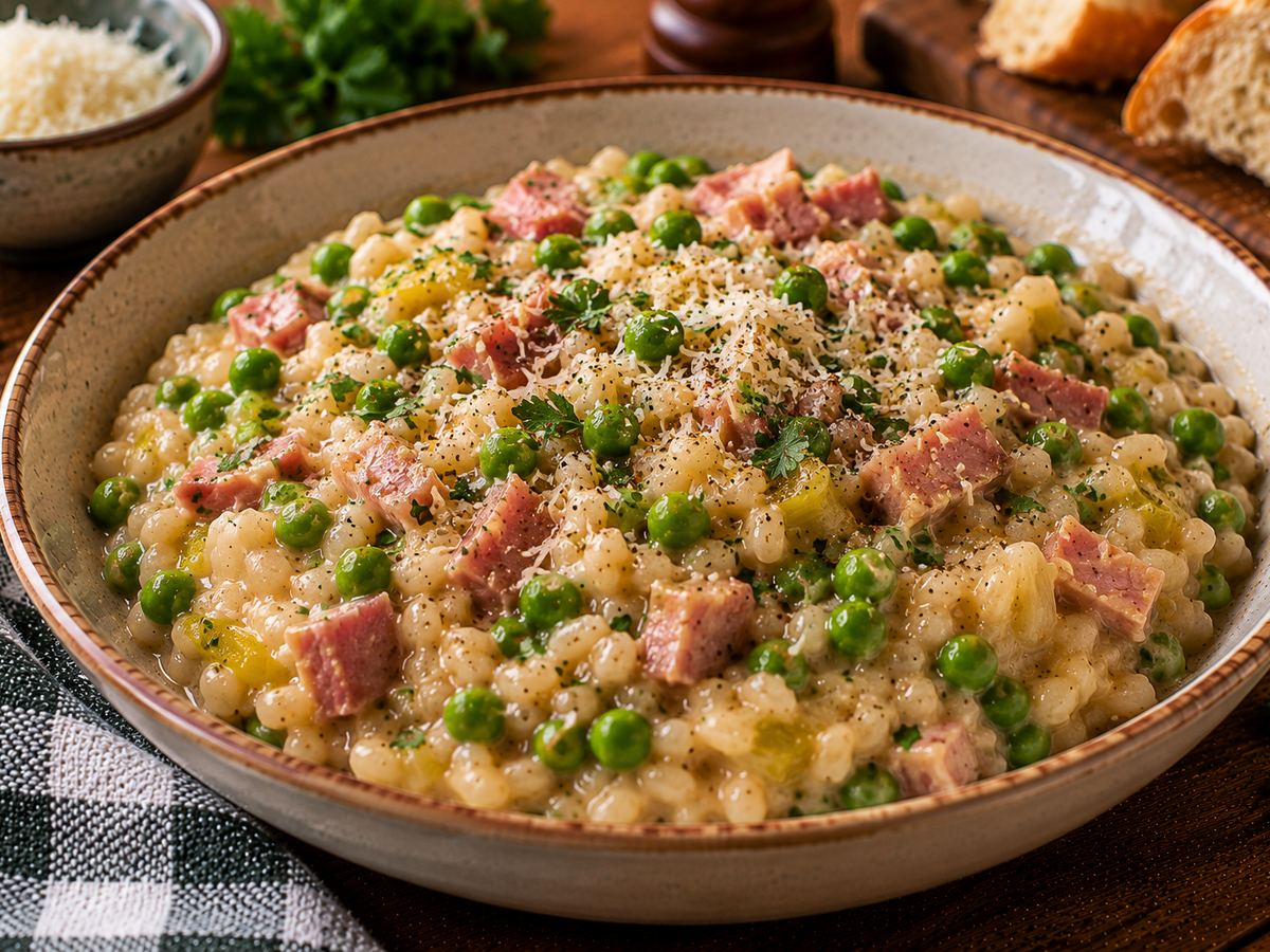 Pea, ham & barley risotto