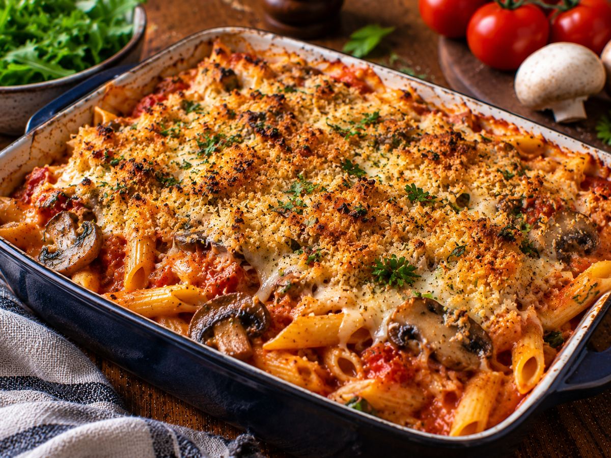 Mushroom & tomato pasta bake with crispy crumbs