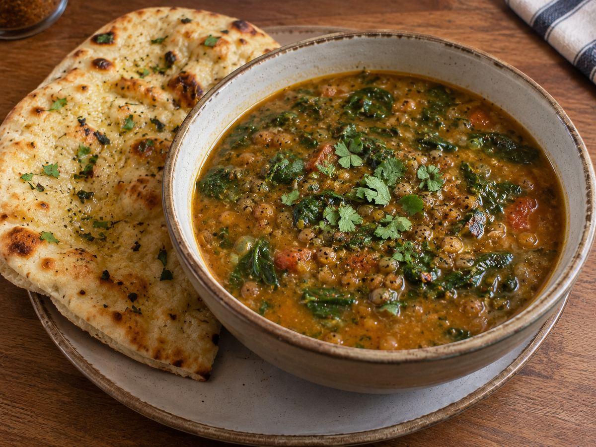 Spiced lentil & spinach soup with naan