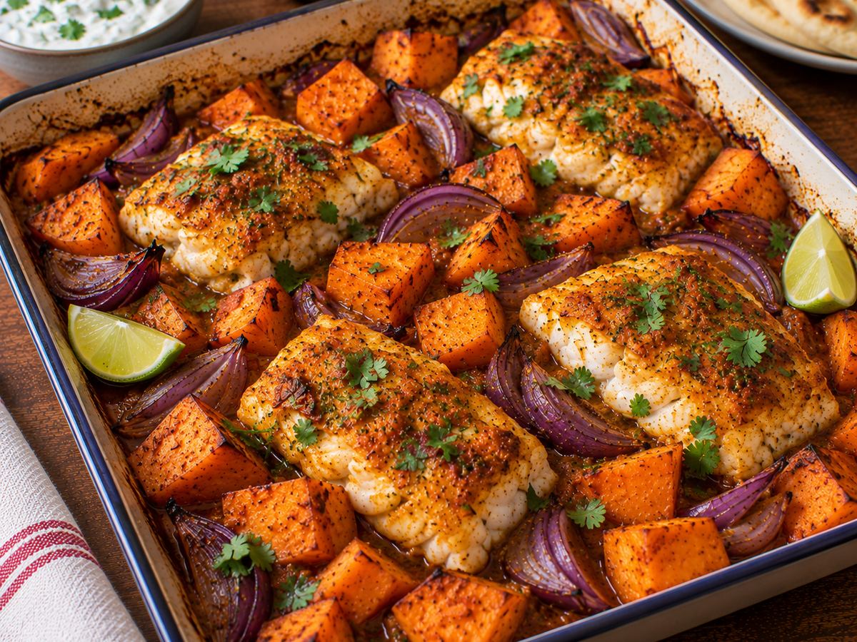Fish & sweet potato tikka traybake