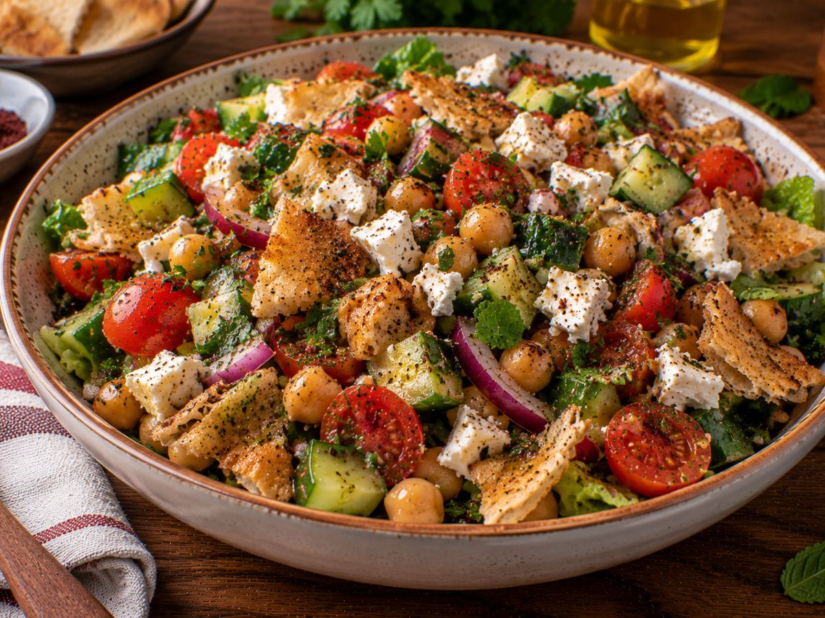 Fattoush-style chickpea salad with feta