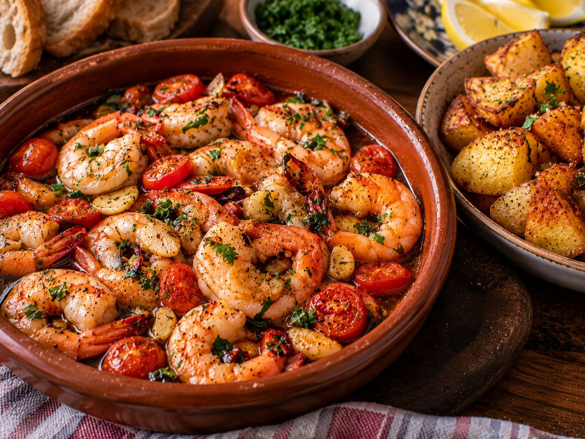 Spanish garlic prawns with crispy potatoes